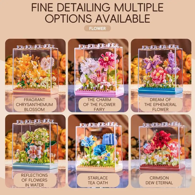 

2 Set Micro Building Block Set, Artificial Flower Plant Series, Creative Gift Holiday Present, Includes Dustproof, for Kid