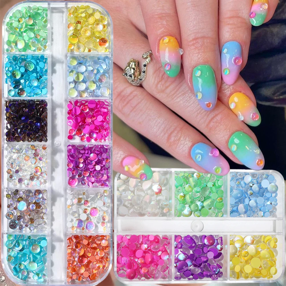 12 Grids 3D Zeemeermin Kralen Nagel Charmes Zomer Kleurrijke Bubble Bead Nail Art Decoratie Plaksteen Ronde Gem DIY Manicure Accessoires