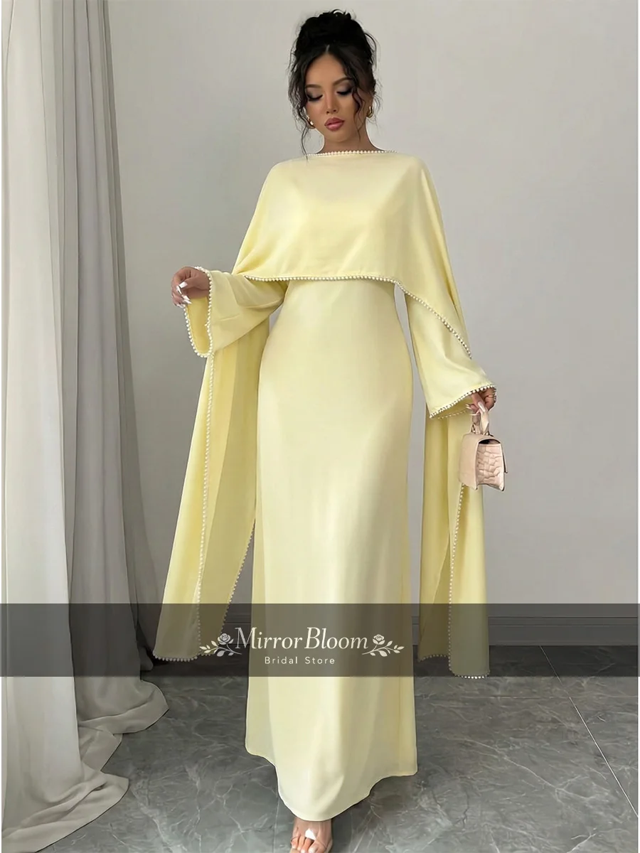 

Elegant Light Yellow Cape Ankle Length Evening Party Prom Dress Women Pearl Trim Long Sleeve Formal Gown A-Line Customized