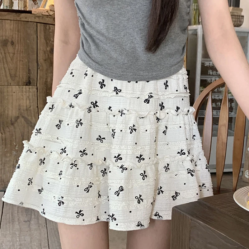 Sweet Bow Print Skirt Women Korean Casual High Waist Lace Mini Skirts Summer Fashion Female Design Elegant A Line Cake Skirt New