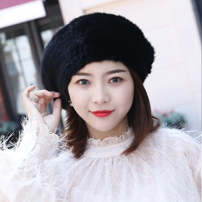 Real Mink Fur Berets Elegant Women\'s Winter Caps New Design Fashion Fur Hats Knitted Warm Natural Mink Fur Beanies Hat