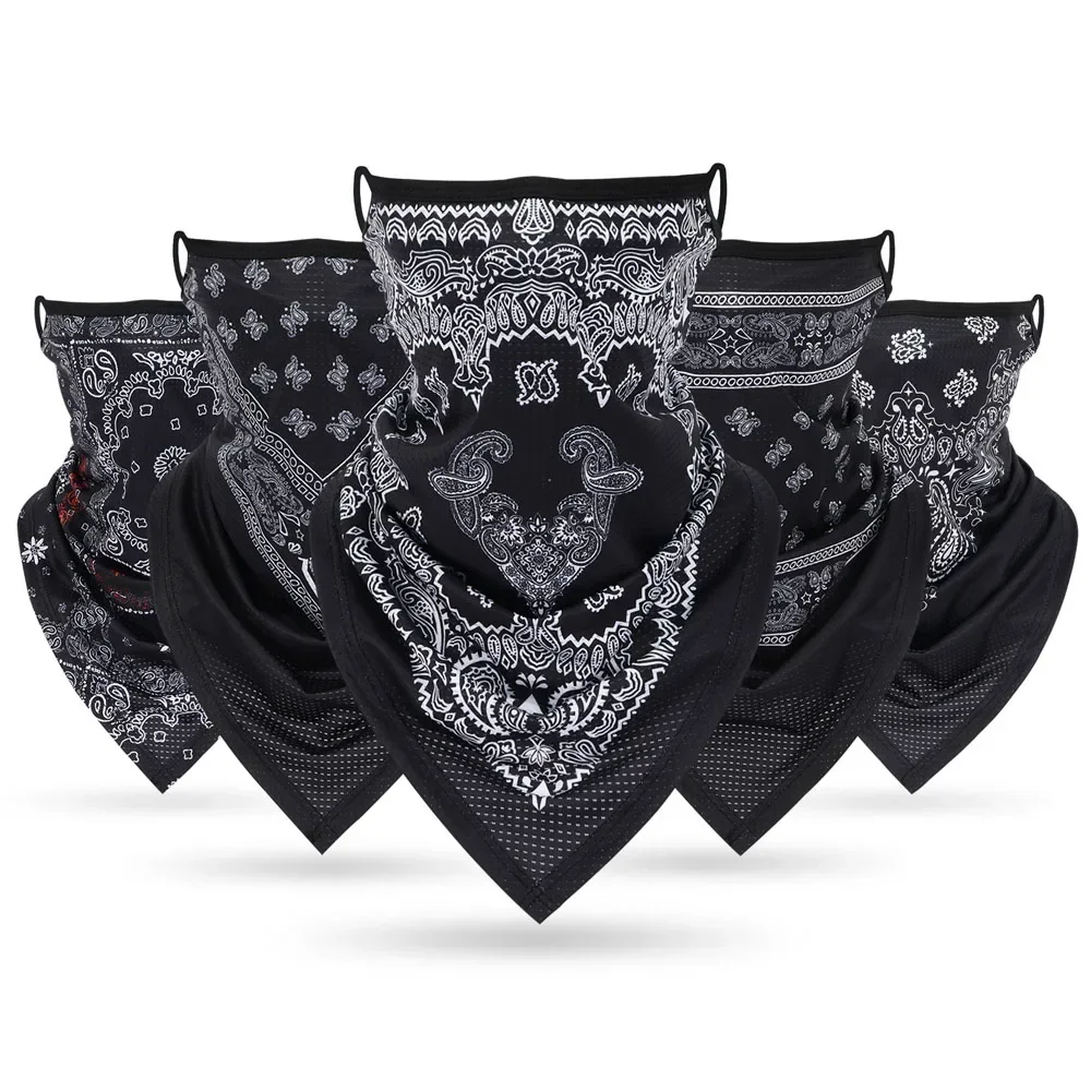 Unisex Paisley Face Bandana, Outdoor Sunscreen, Breathable Triangle Scarf, Sports Earloops, Face Protective Masks, Black, White