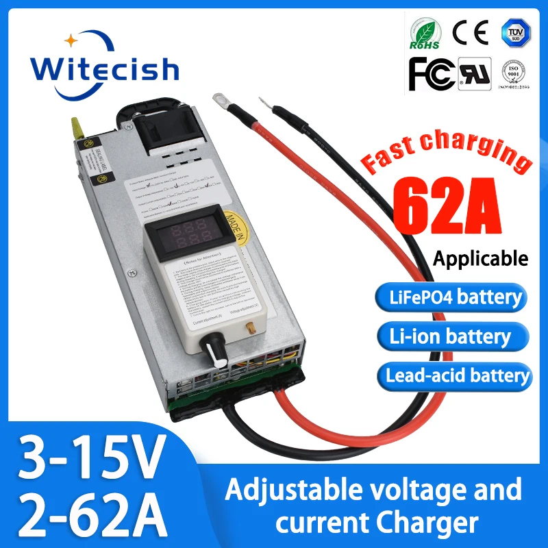 Adjustable 12V/12.8V 60A 62A Smart Battery Charger for lifepo4 Battery Lead Acid AGM Li-ion LiFePo4 14.6V 12.6V 13.8V 60A