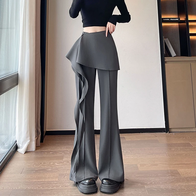 高品質フリルエプロンフレアパンツ レディース 秋 ハイウエストスーツパンツ 女性デザイン ストリートウェア ロングパンツ Y2k 2025