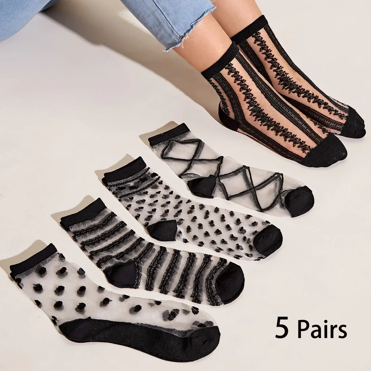 

5 Pairs Women's Lace Socks Summer Fashion Sexy Transparent Thin Socks Women Non-slip Ultra-thin Socks Female Ankle Sock
