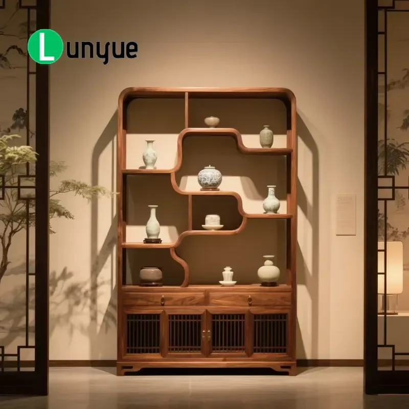 New Chinese Style Solid Wood Bogu Rack Shelf Black Walnut Tea Room Storage Cabinet Living Room Wine Compartment Side Table