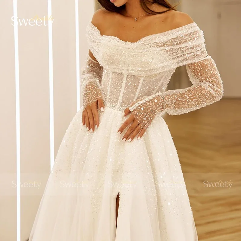 Vestido De Novia lujoso De tul con abertura para cuentas, De línea A Vestido De baile, manga completa, cuello Barco, Vestido De Novia con cordones en la espalda