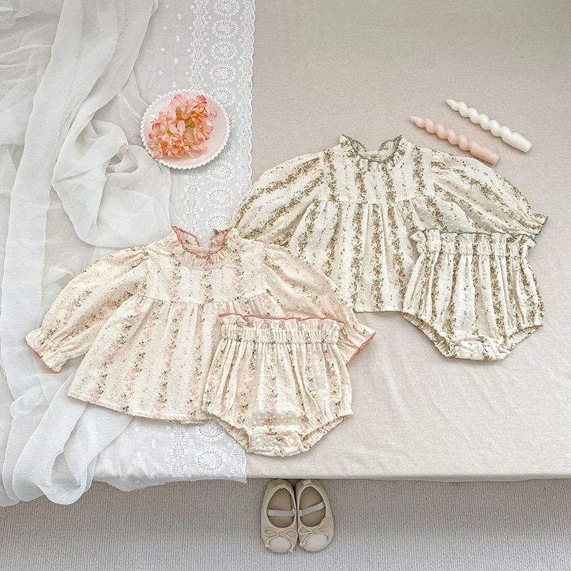 2026 New Spring Newborn Baby Girls Clothing Set Long Sleeved Cotton Printed Shirt+PP Shorts Infant Baby Girls Clothing Suit