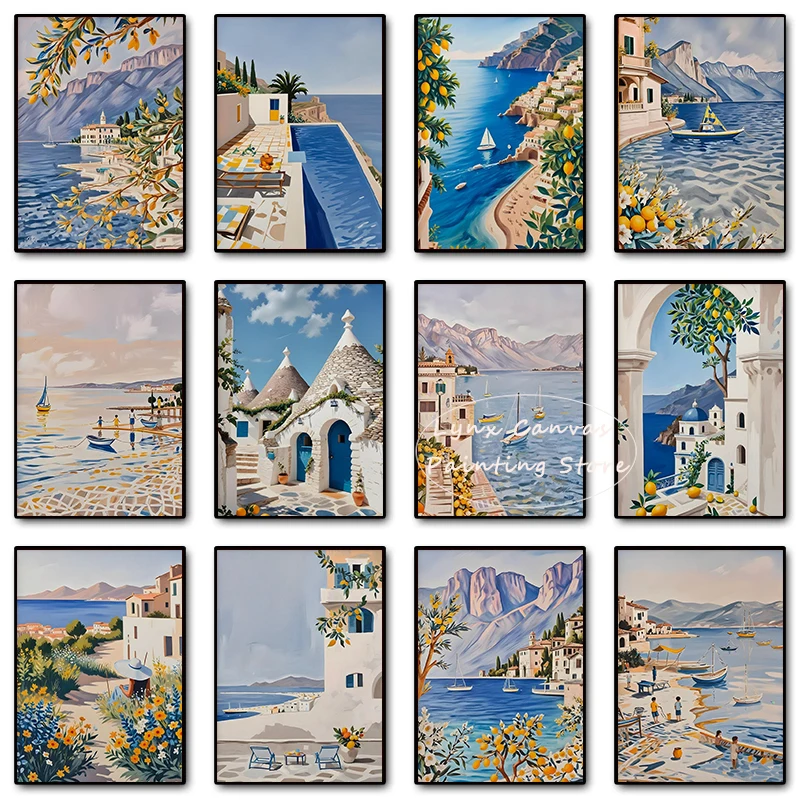 Amalfi Coast Italian Beach quaint whitewashed village deep blue sea Posters Canvas Wall Art Picture for Living Room Home Decor