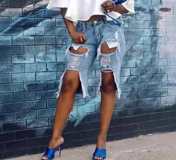 

2025 sexy elastic denim cropped pants knee length ripped jeans for women