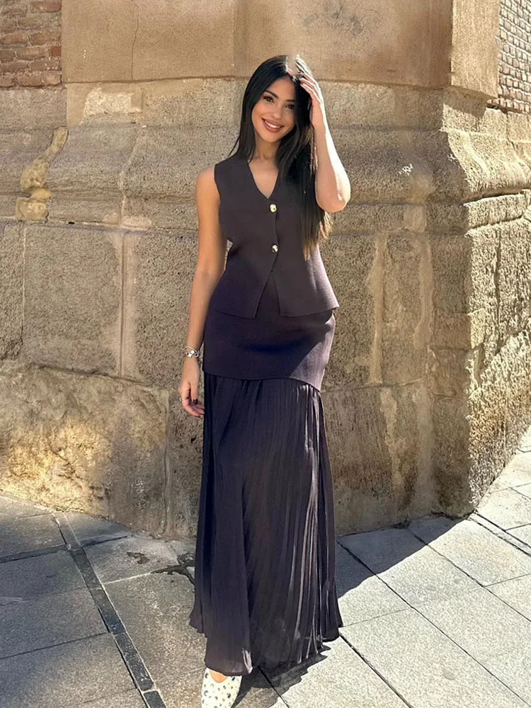 HH Women 2 Piece Set Chic V-Neck Sleeveless Button Knitted Vest Top+Splicing High Waist Side Zipper Ankle-Length Skirt