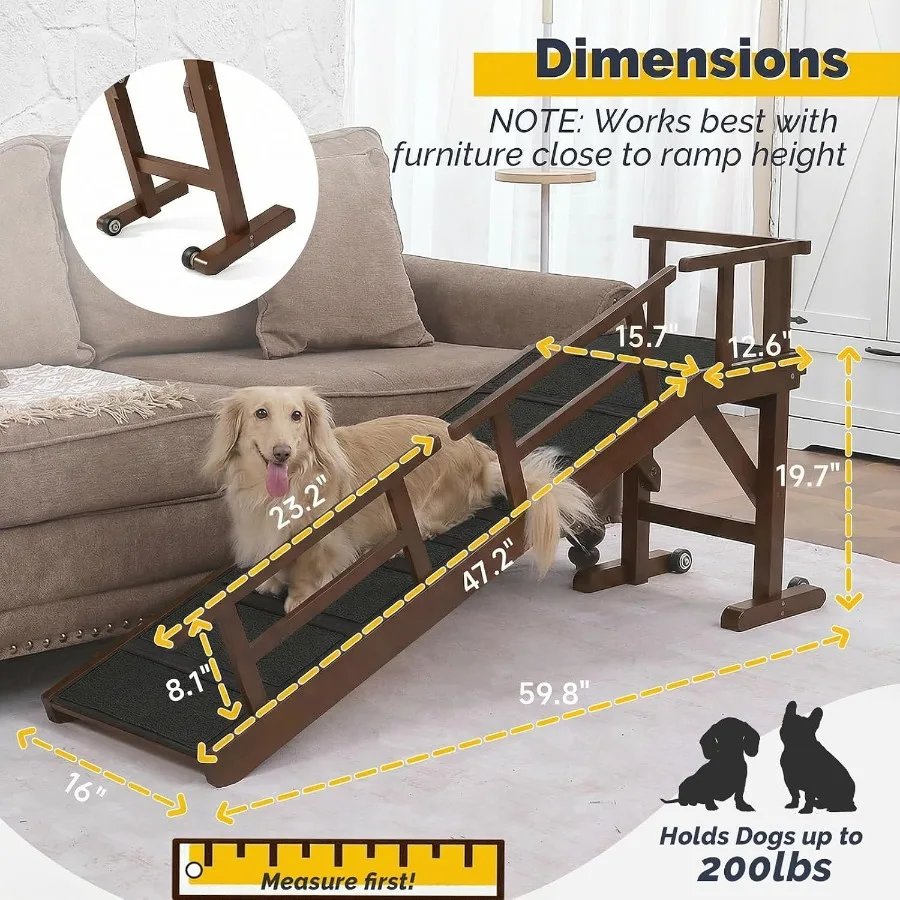 Dog Ramp for Bed and Couch with 20° Gentle Slope, Removable Side Rails, Non-Slip Surface, Foldable Wooden Design for Small to Medium Dogs