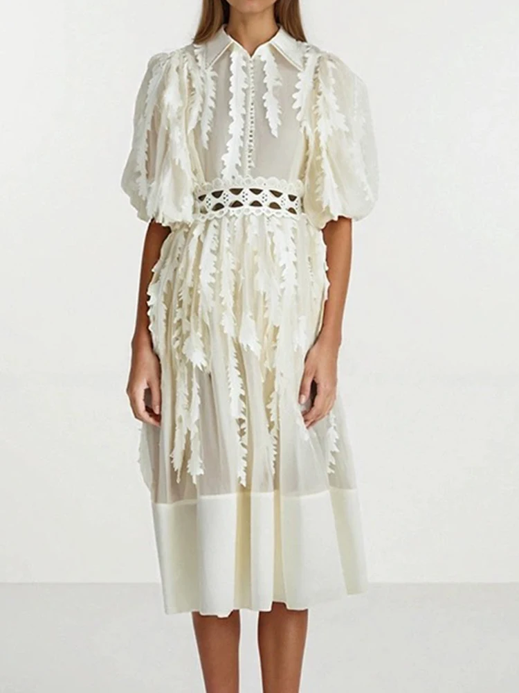 

2025 summer women's new lapel nail drill single-breasted lantern sleeve A-line dress embroidered hollow temperament long skirt