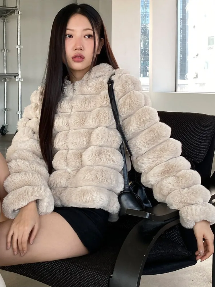 Autumn Winter Faux Fur Coat Women Fashion Hooded Ladies Furry Jacket Korean Style Long Sleeve Woman Fake Fur Coats