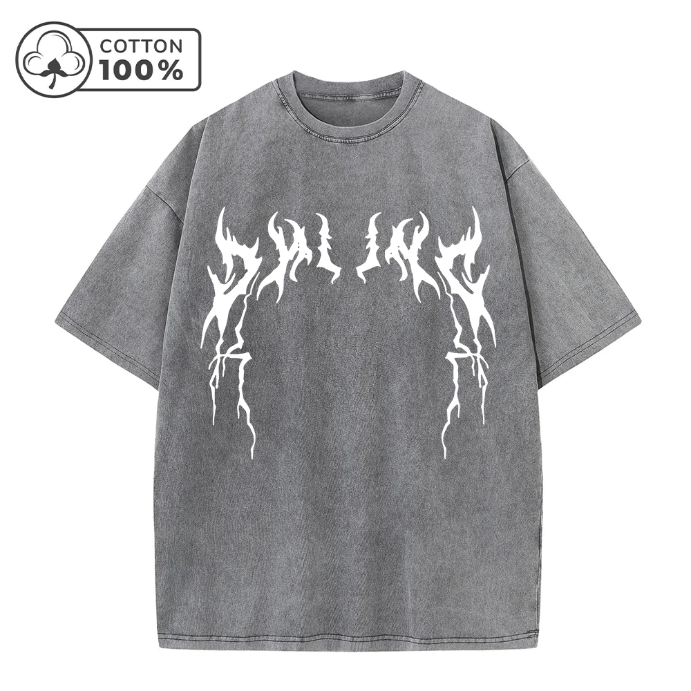 Men's Creative Thorn Print Washed T-Shirt Summer Distressed Loose Fitting Casual Fashion Short Sleeve Gym And Commuter Top