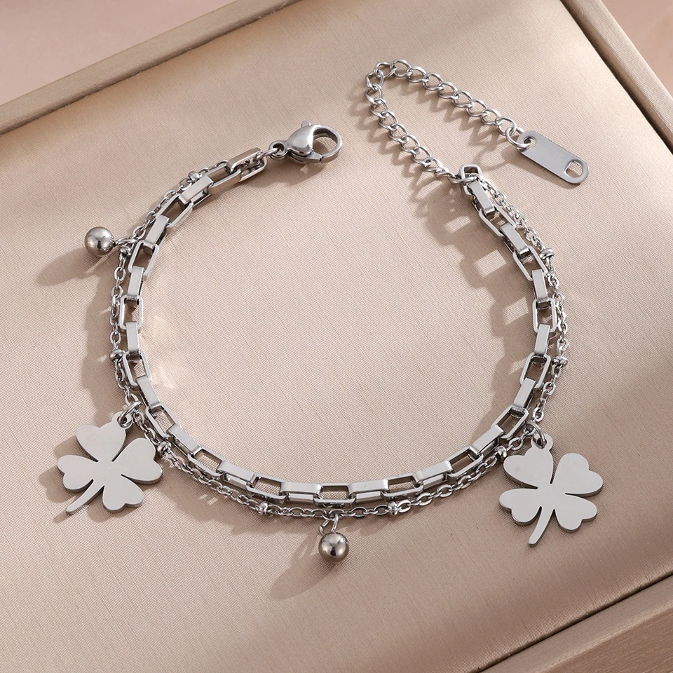 Htpwe Stainless Steel Lucky Four-leaf Clover Round Bead Bracelet Women's Plated 18k Couple's Holiday Gift Bracelet Party Jewelry image 6