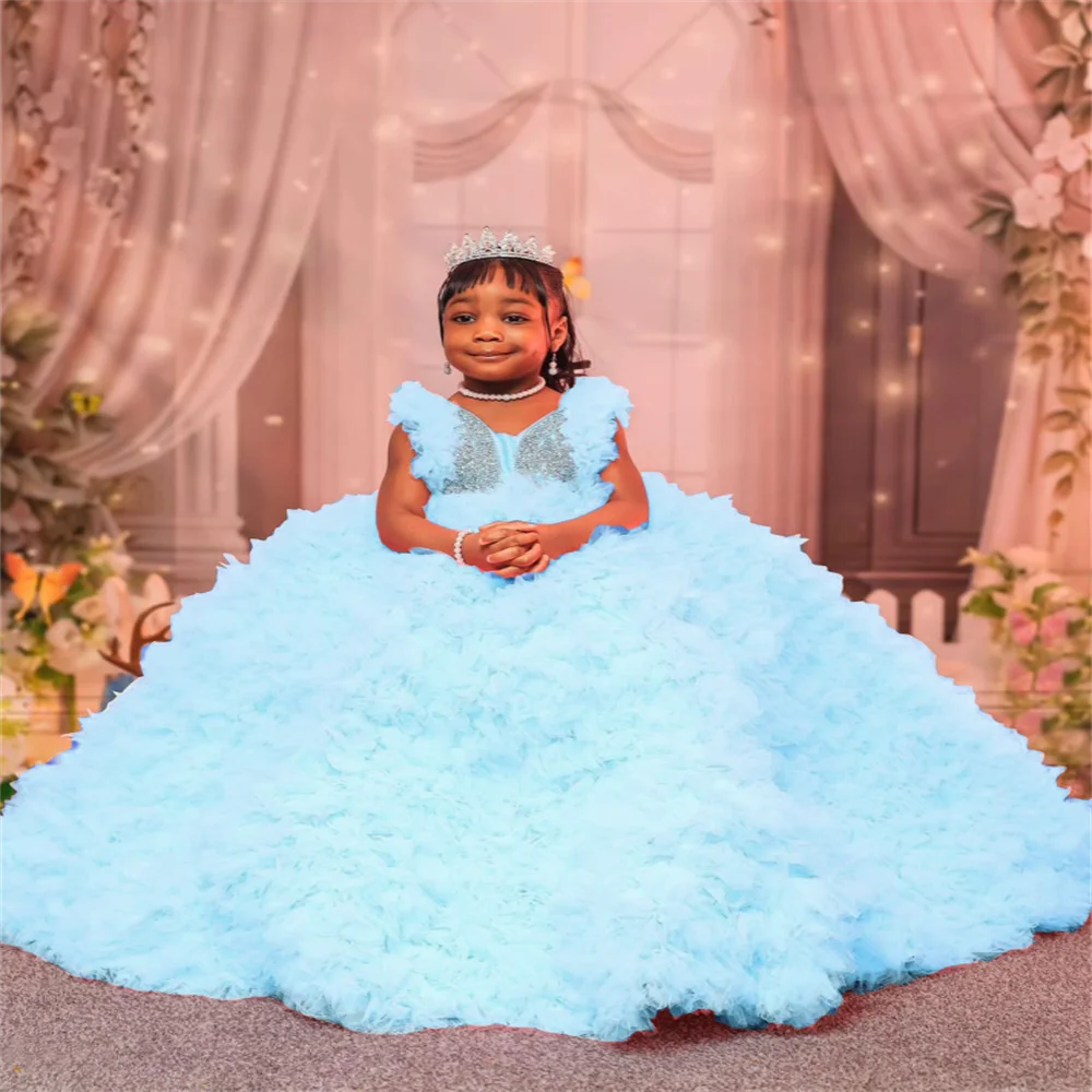 Vestidos de lujo de flores azul cielo para niña, vestido de baile de cumpleaños, princesa con cuentas, cuello en V, fiesta de Navidad, sesión de fotos de comunión