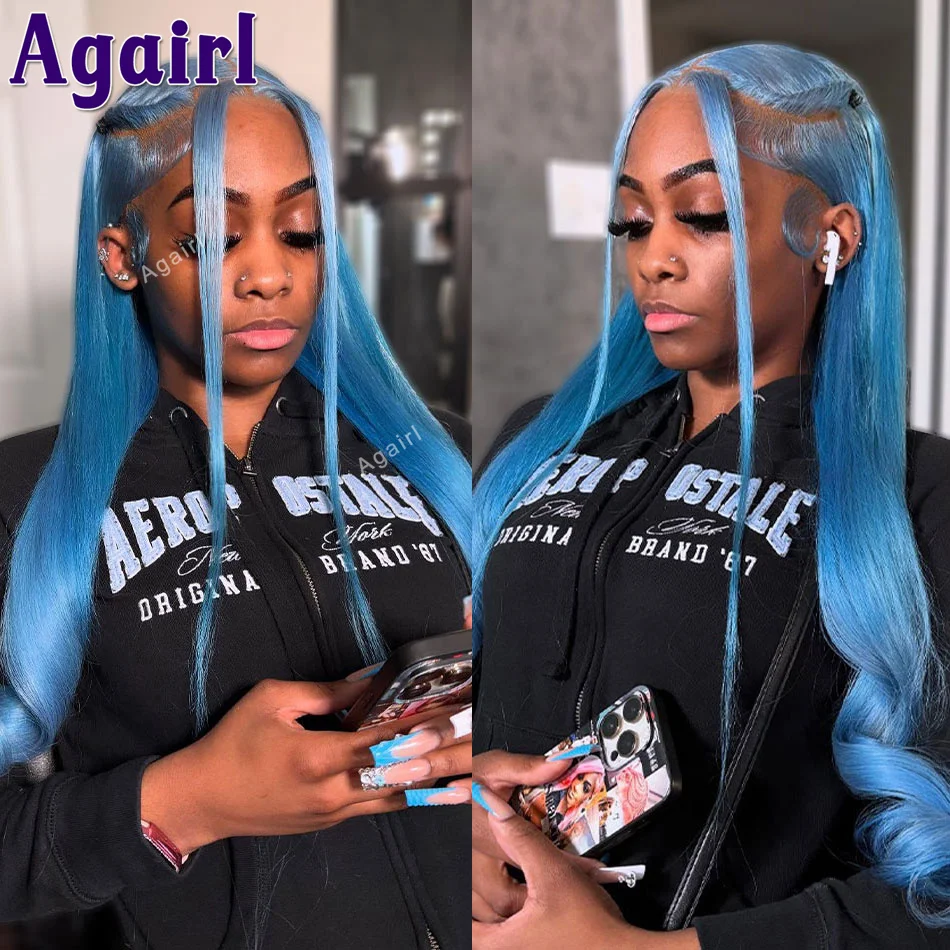 

Sky Blue Straight Lace Front Human Hair Wigs Transparent 13x6 13x4 Lace Frontal Wig Pre Plucked 613 Colored Lace Wig 200 Density