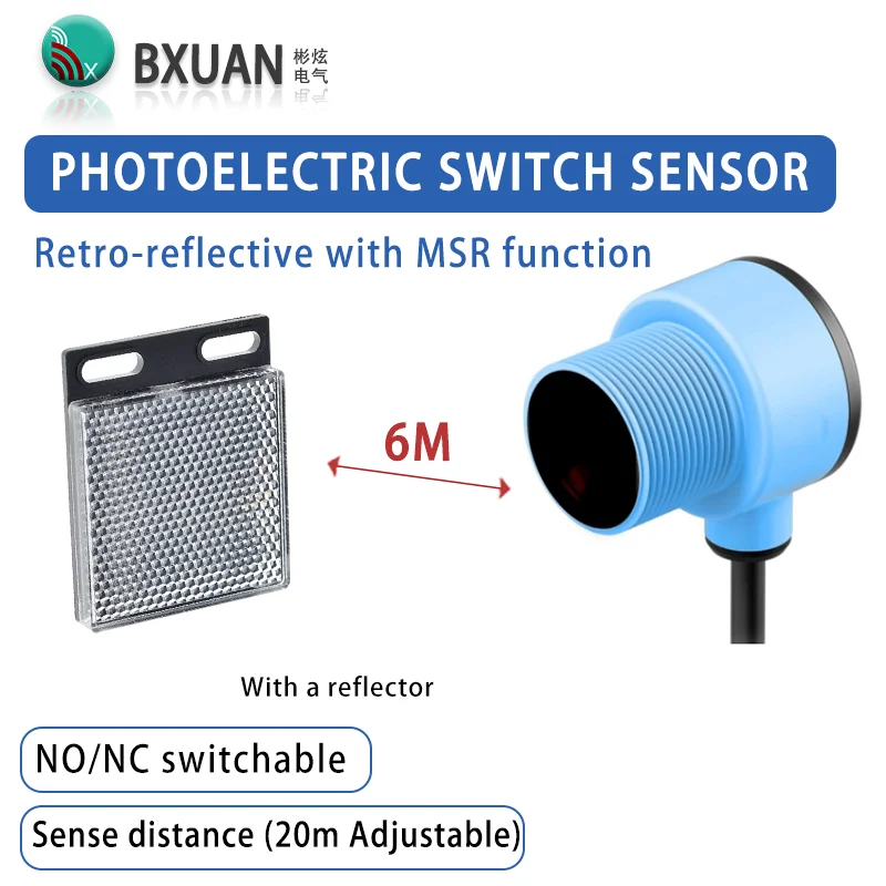 T30 Retro reflective photoelectric switch sensor NPN PNP DC10-30V detection distance 6m Adjustable