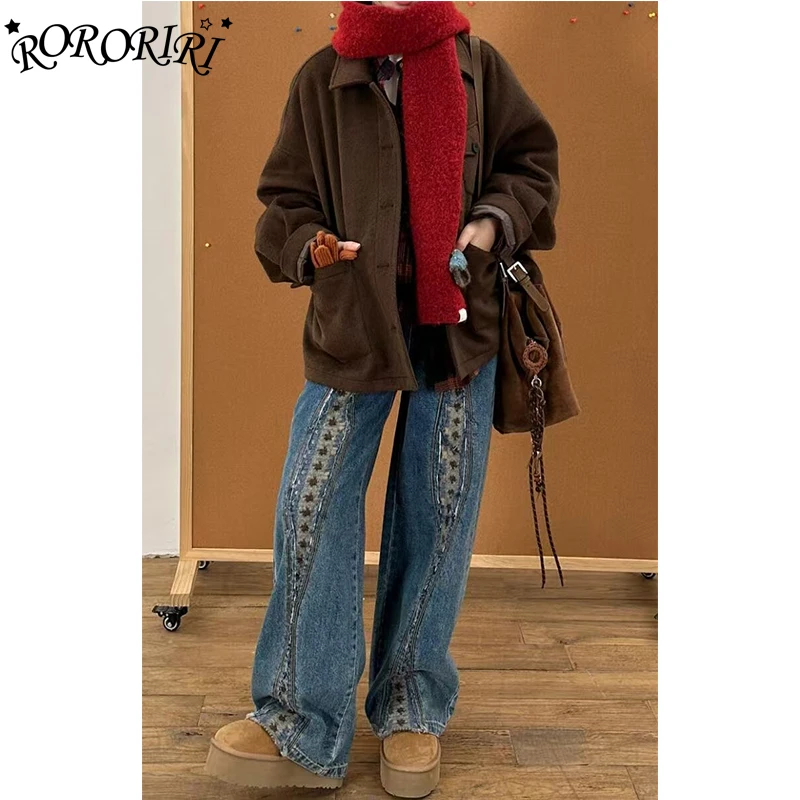 

RORORIRI синие лоскутные джинсы для женщин, джинсовые брюки длиной до пола, прямые брюки, весенне-осенние брюки, винтажная женская одежда