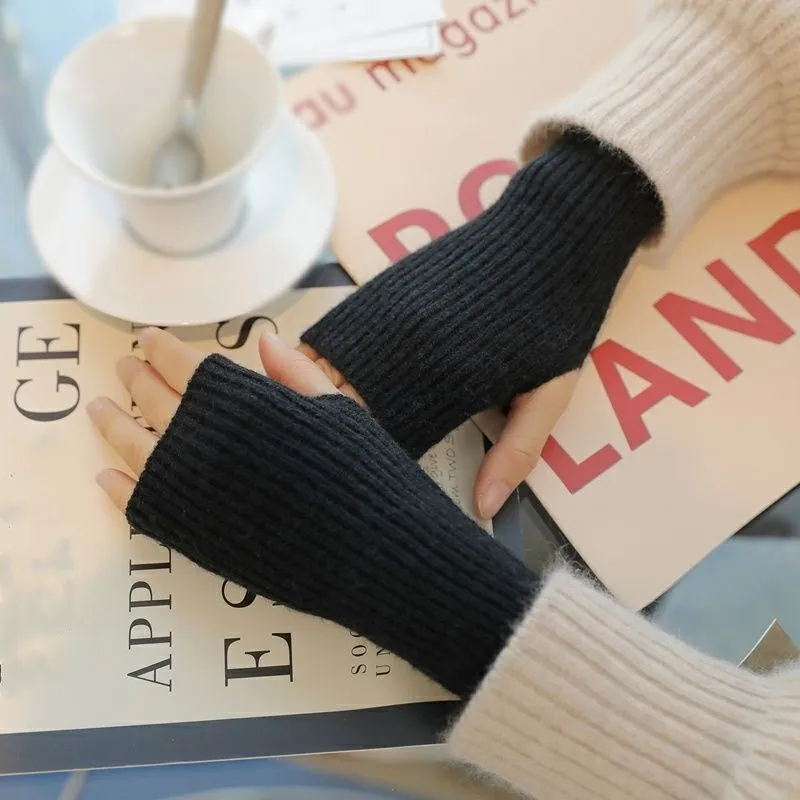 20cm Women Fingerless Gloves Women Winter Warm Arm Sleeve Solid Knitted Gloves Elastic Hand Warmer Casual Soft Mittens