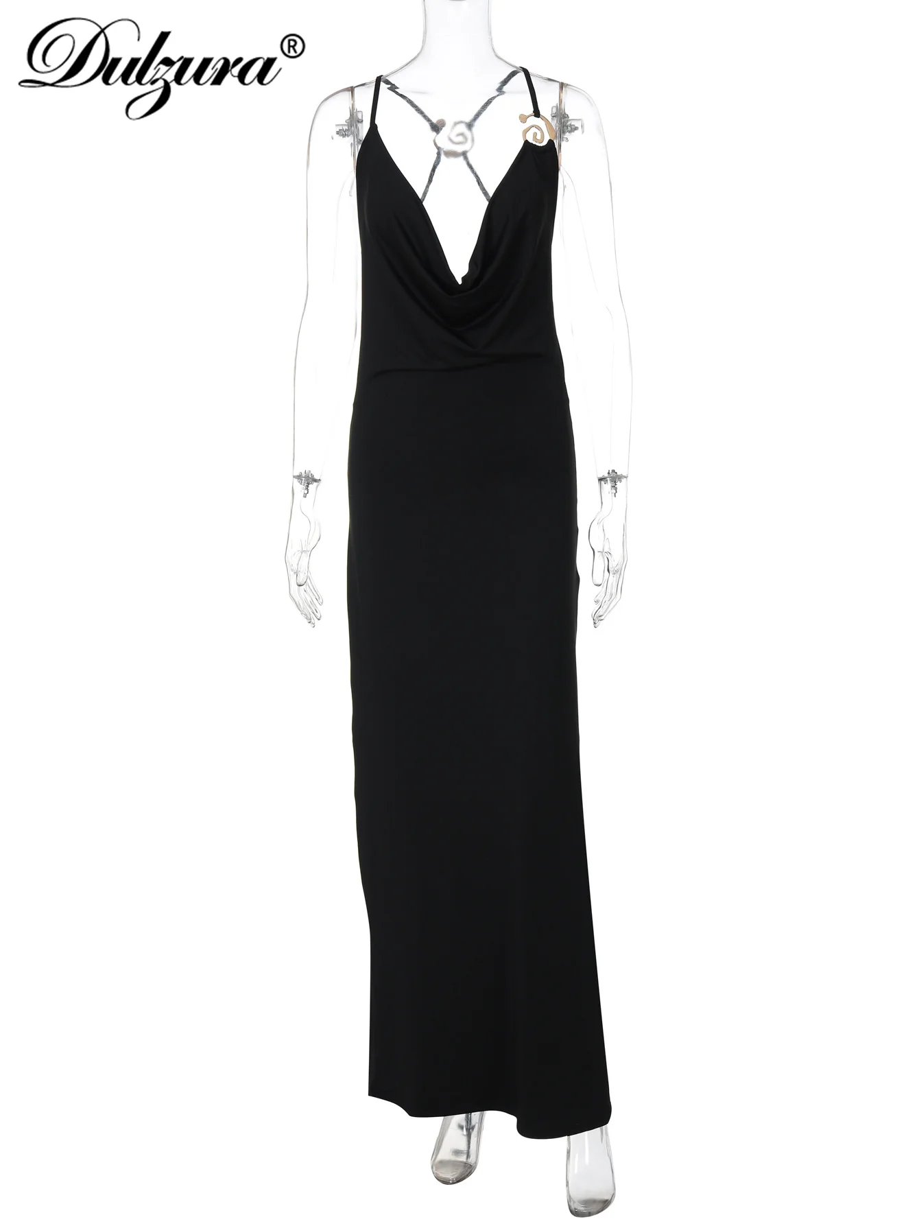 Dulzura col oscillant sans manches dos nu moulante décoration en métal Cami robe Maxi solide Sexy robe élégante tenue de Club de fête
