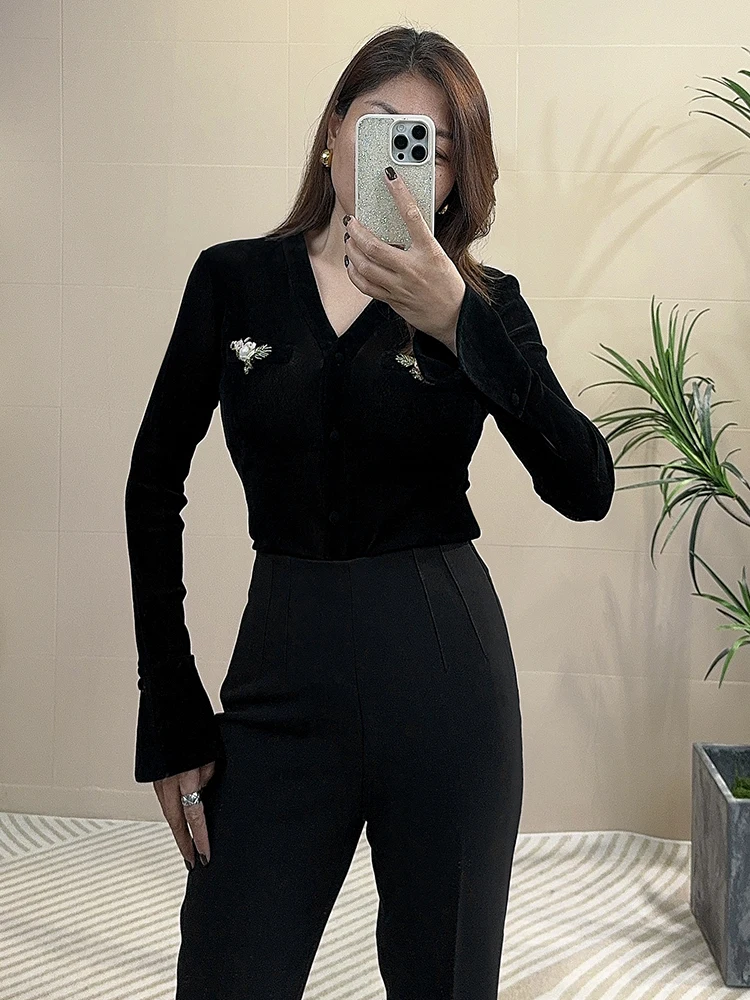 

Женский топ Tangmi Home: высококачественный, модный, приталенный, с длинным рукавом, из плотного бархата, с V-образным вырезом, черный