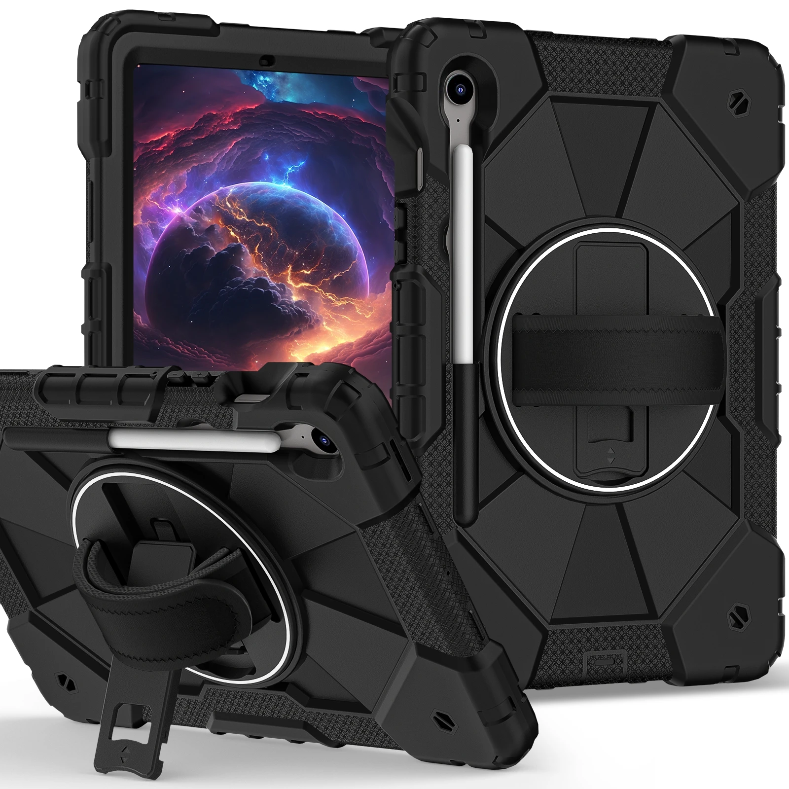 For Samsung Galaxy Tab S10 Lite / S10 FE / S9 FE / S9 Case Silicone + PC Kickstand Tablet Cover with Handy Strap - Black / Black