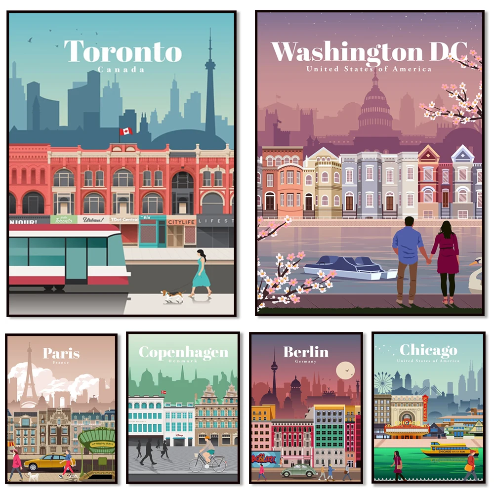 Travel posters for Havana, Venice, Toronto, Copenhagen, London, Amsterdam, Washington DC, Chicago, Hamburg, Leipzig, Seychelles