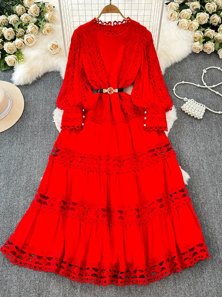 European Korean Long Party Dress for Spring Autumn Women Hollowed Out Lace Patchwork Slim Fit Long Sleeved High-end Dress A110