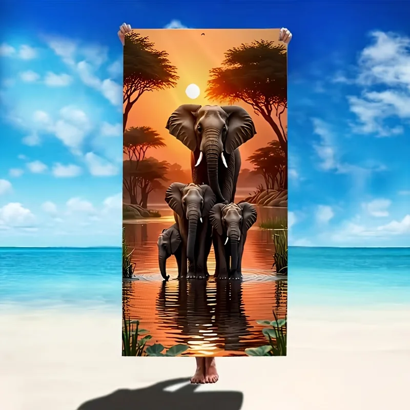 Elephant Herd Beach Towel Sunset Savannah Wildlife Art Coastal Decor Travel Inspiration Bold