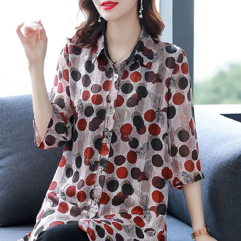 Office Lady Stylish Polka Dot Printed Shirt Casual Half Sleeve Women\'s Clothing Single-breasted Summer Korean Loose Midi Blouse