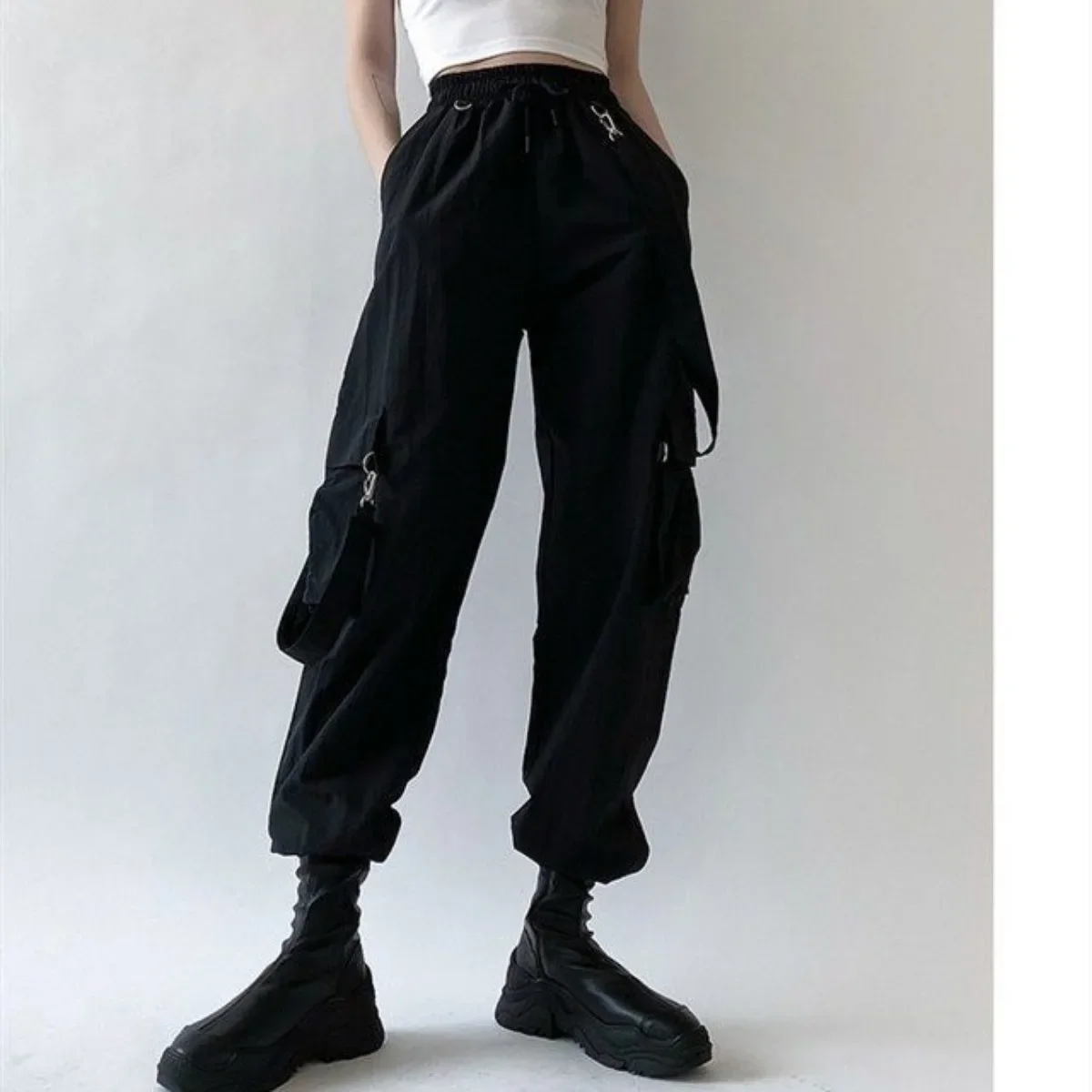 Casual Joggers Cargo Pants Women Solid Low Waist Pants Drawstring Wide Leg Baggy Trousers Y2k Streetwear Oversize Sweatpants