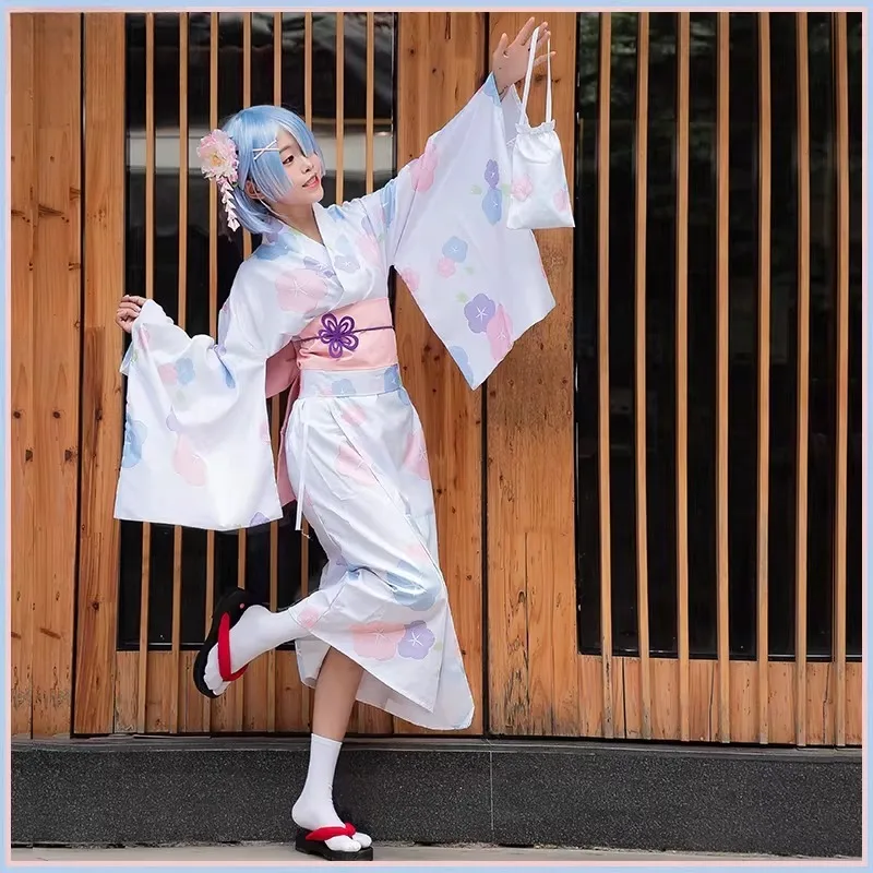 

Anime Rem Cosplay Costume Sweet Japanese Kimono with Belt Accessories Wig Suit for Women Halloween Carnival Party Roleplay
