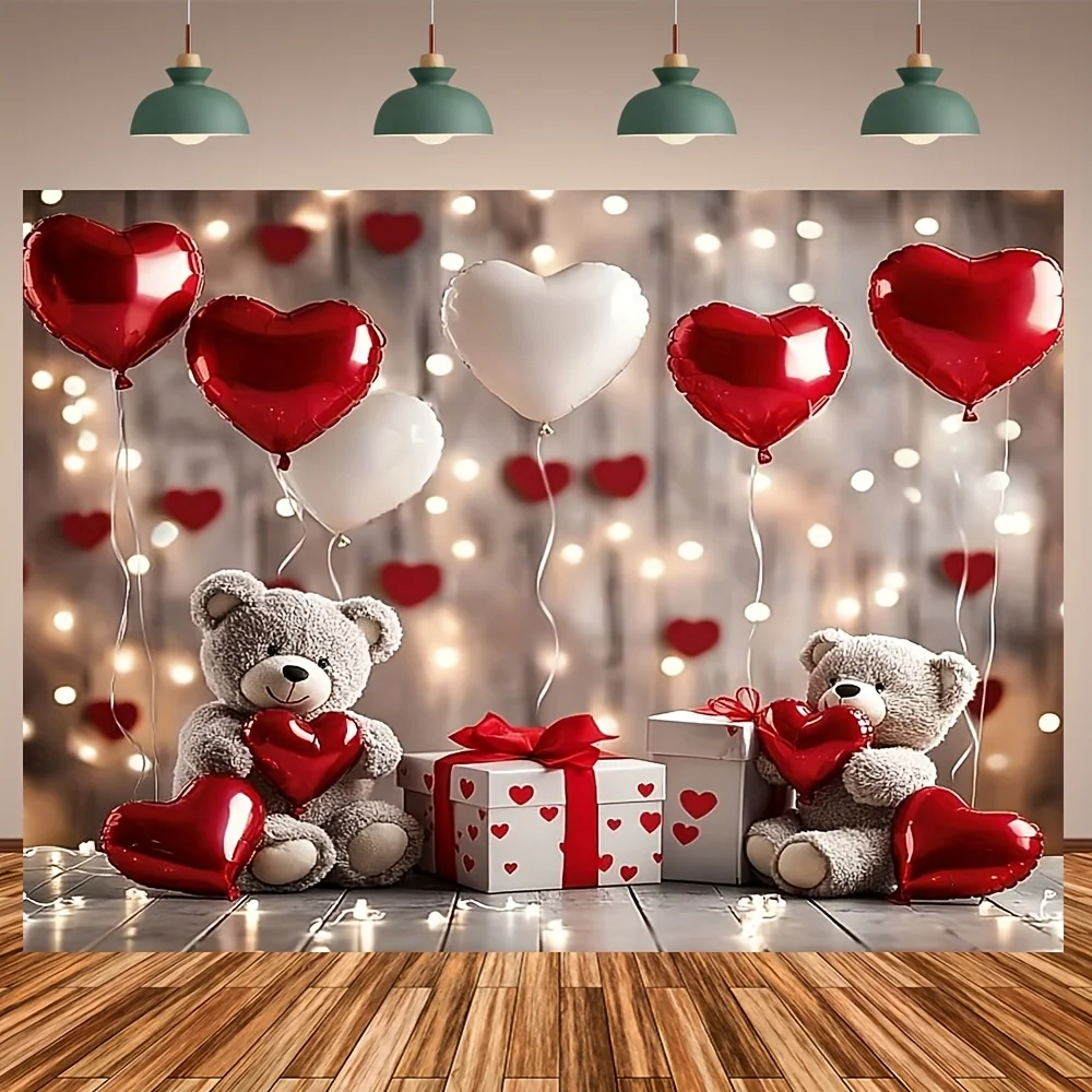 Valentine Teddy Bear Heart Balloon Tapestry Romantic Love Party Backdrop Wedding Birthday Photo Booth Decoration