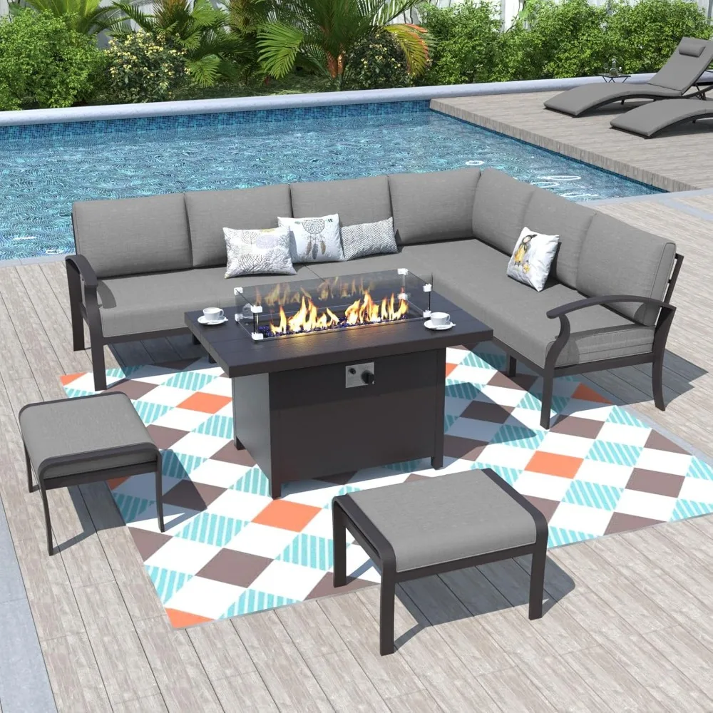 

Aluminum Patio Furniture Set with Propane Fire Pit Table - 8-seat Metal Outdoor Furniture w/Fire Pit Patio Sectional w/1 Corner