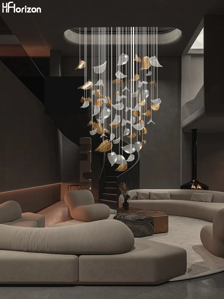 

Scandinavian Large Decorative Leaf Glass Ceiling Chandelier Suspension Light for Duplex Villa Dining Room Staircase and Living R