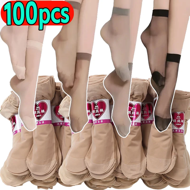 100pcs=50Pairs Women High Quality Soft Socks Thin Silk Socks Non-Slip Bottom Splice Fashion Transparent Ladies Breathable Sock