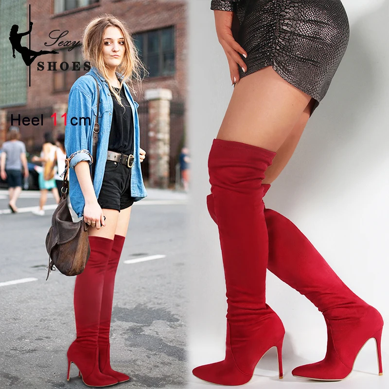 Red Stiletto Thigh Boots T-show Model Shoes Fashion Winter Pointed Toe Boots Red Suede Over-the-Knee Long Boots 11CM Women Heels