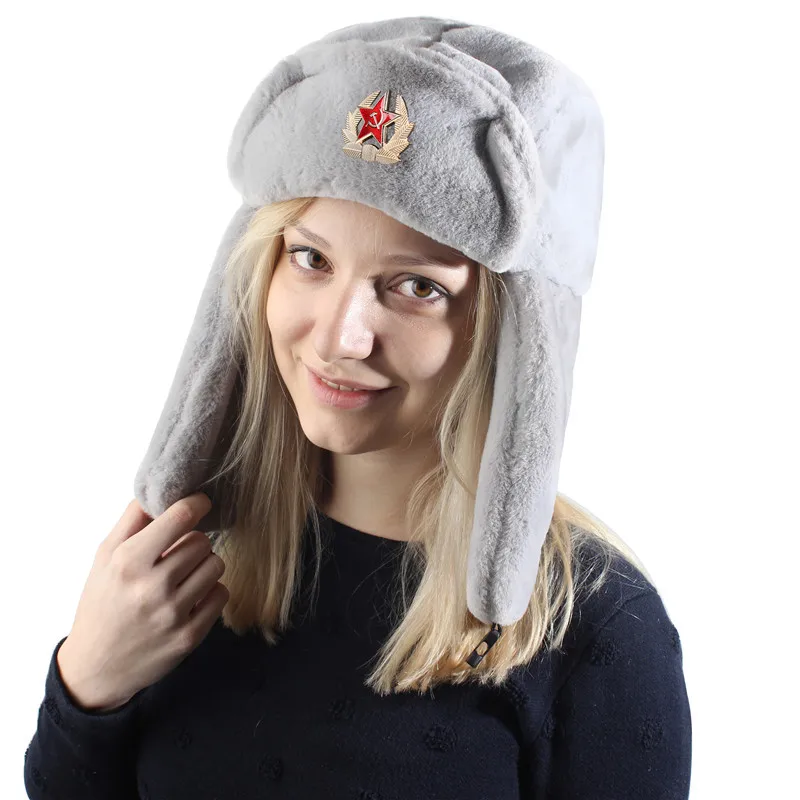 Soviet Army Military Badge Russia Ushanka Pilot Trapper Trooper Hat Winter Faux Rabbit Fur Earflap Men Snow Caps