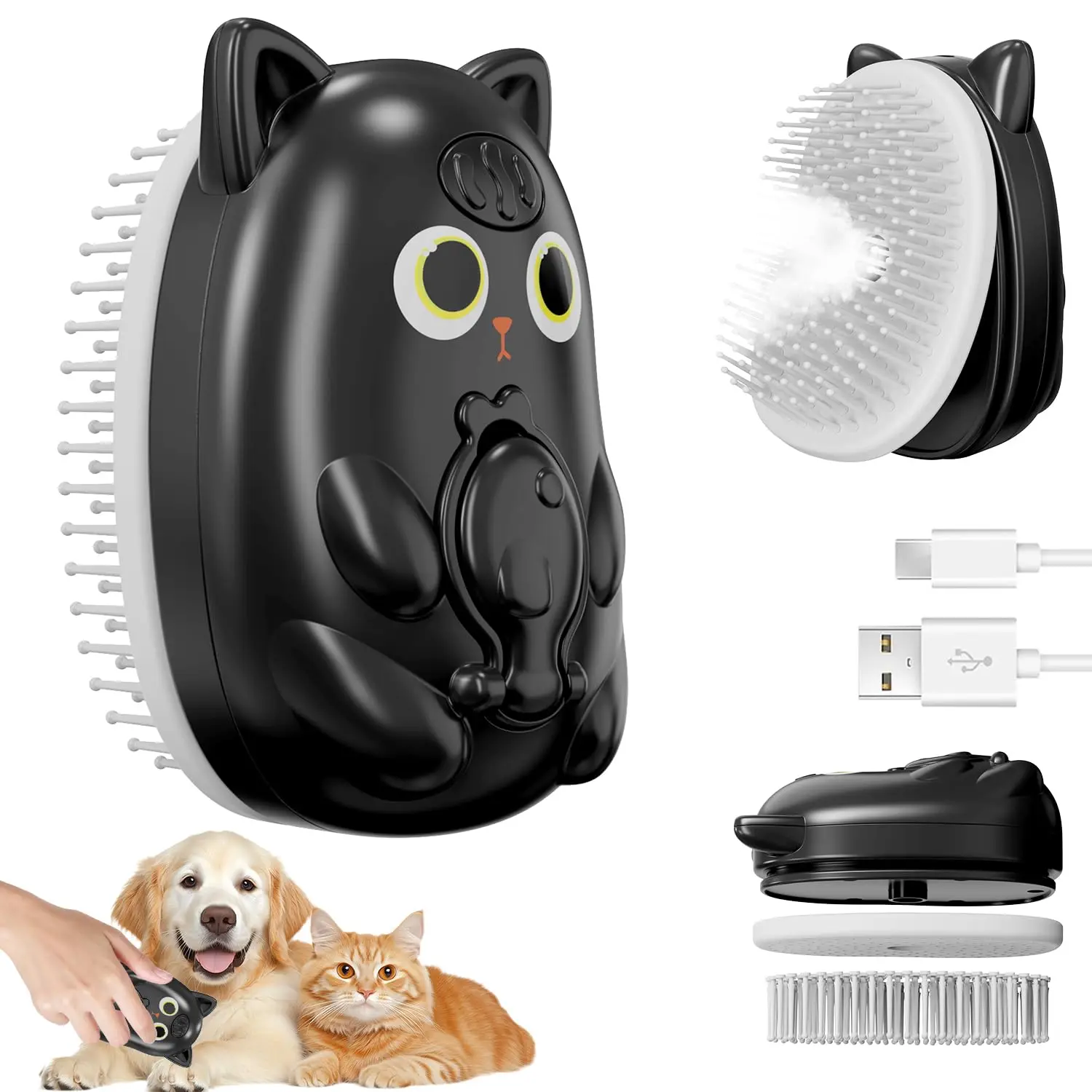 3-in-1 Pet Steam Brush for Shedding, Dog & Cat Grooming Comb, Long & Short Hair, Black