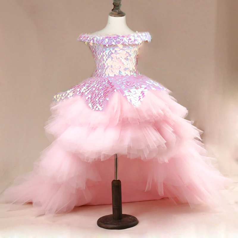 Children Princess Party Pink Sequins Dress Elegant Luxury Long Evening Gowns for Little Girls Formal Pageant Wedding Dresses Kid