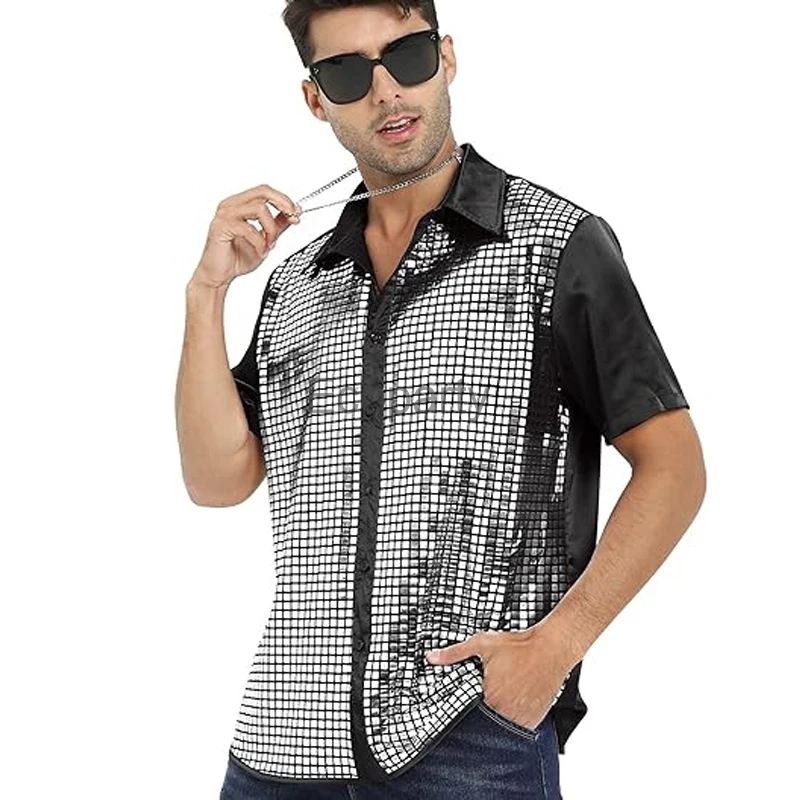 Camisa de manga curta de peito único masculina, lantejoulas brilhantes, fantasia de dança de festa retrô anos 70, discoteca, verão, novo, 2024