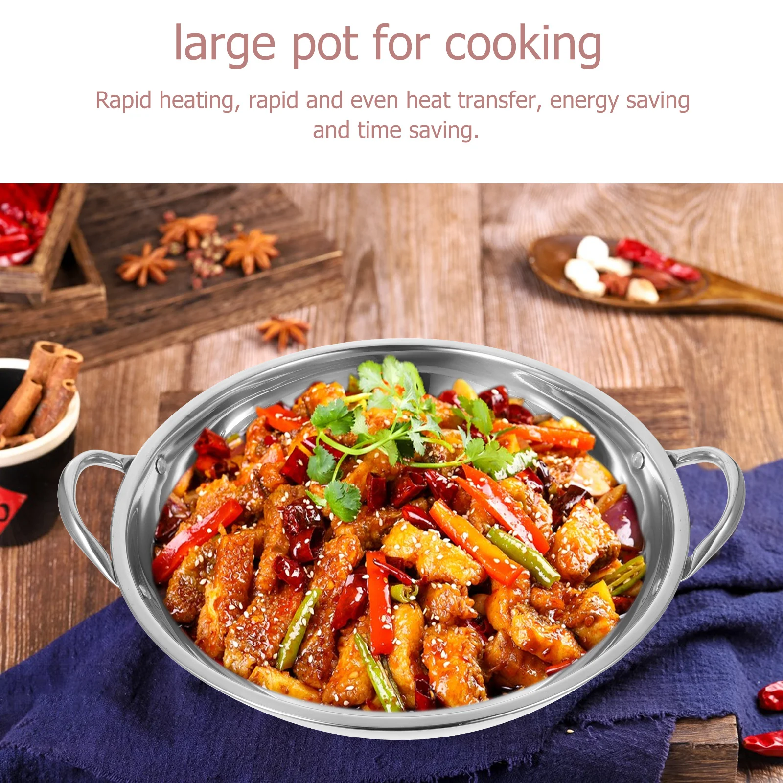 

Stainless Steel Hot Pot Dry Cooking Pan Seafood Kitchen Home Double Handle Rapid Heat Transfer Anti-Overflow Stainless Steel Wok