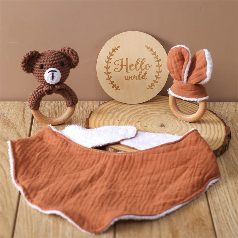 Baby Wooden Crochet Rabbit Rattle Teether Toys Wooden Ring Rabbit Ears Baby Milestone Cards Cotton Towel Photography Accessories