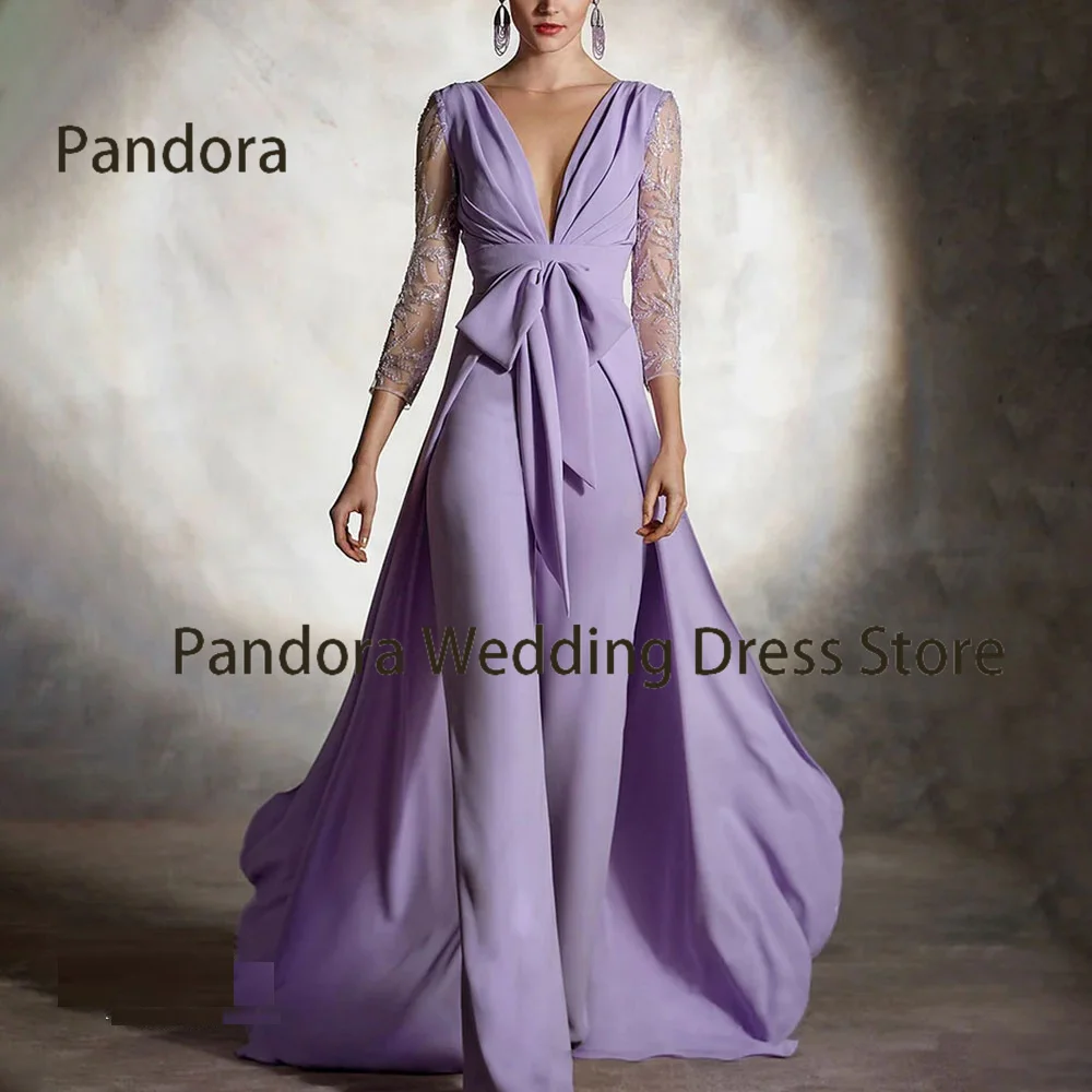 

Pandora Women's floor-length Evening dress with V-neck long sleeve halter mermaid button pleated wedding birthday party gown