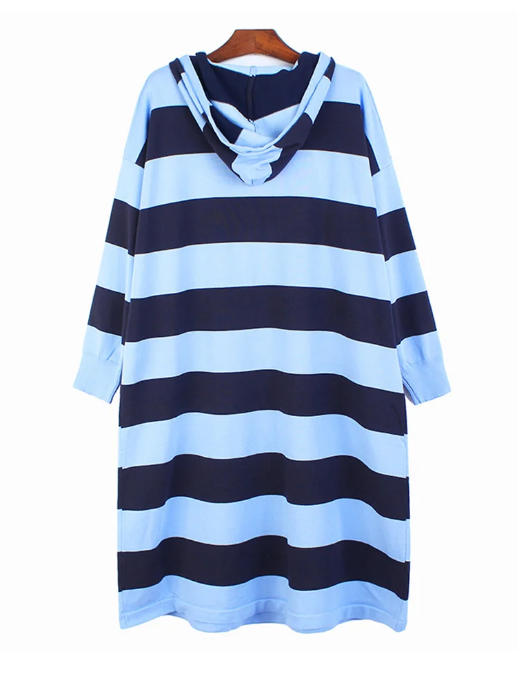 Women Blue Striped Knitting Big Size Long Dress New Hooded Long Sleeve Loose Fit Fashion Tide Spring Autumn 2022 C621