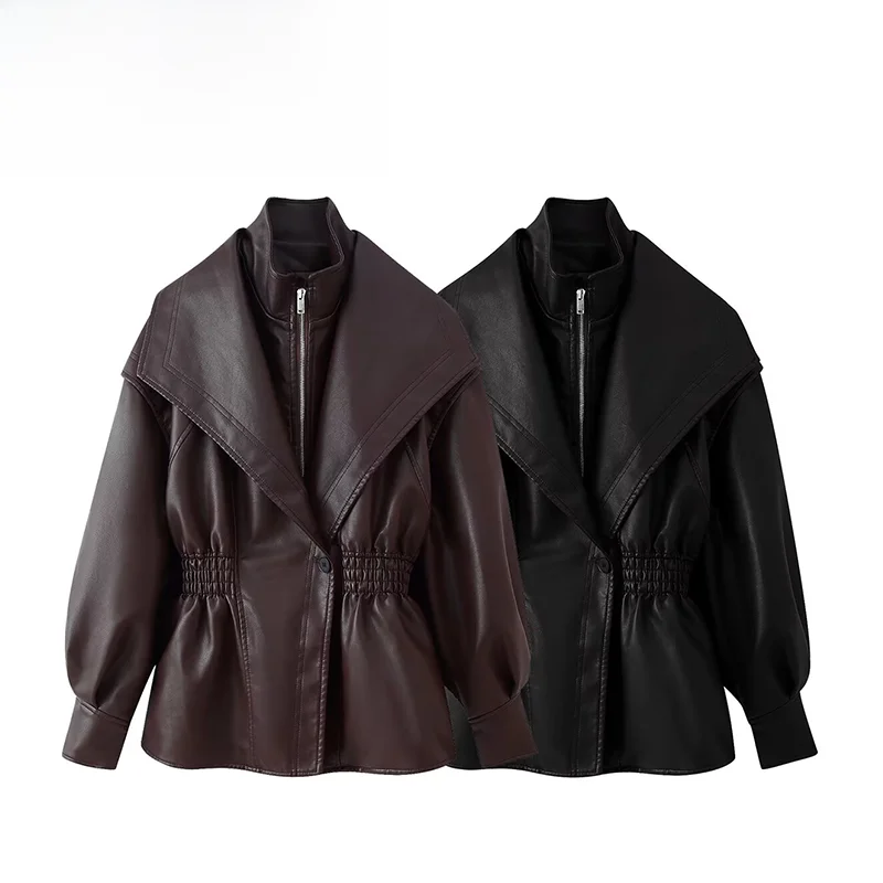 

Fashionable ZR Spring New Women's Leather Jacket Waist-Cinching Turn-down Collar Street Style Synthetic Leather Long Sleeve Coat