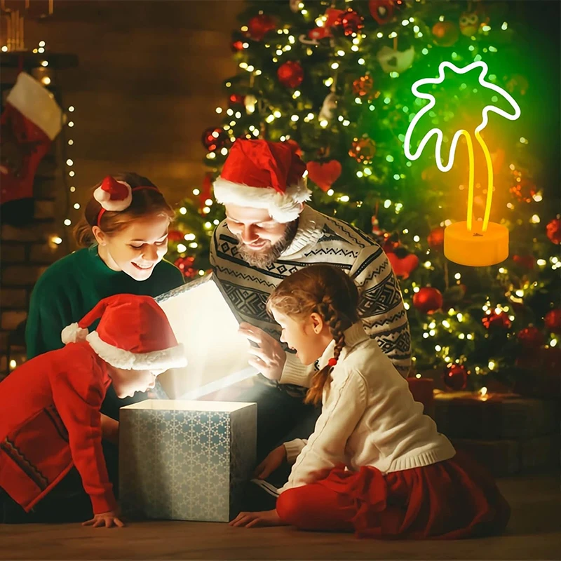 Coconut Palm Tree Neon Signs Light with Holder Base LED Table Lamp Battery/USB Powered Palm for Home Christmas Party Decoration