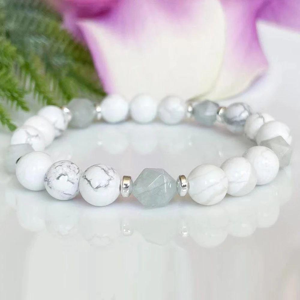 

MG1580 Diamond Cutted Aquamarine Howlite Gemstone Bracelet Anxiety Relief Bracelet Healing Crystals Calming Mala Bracelet